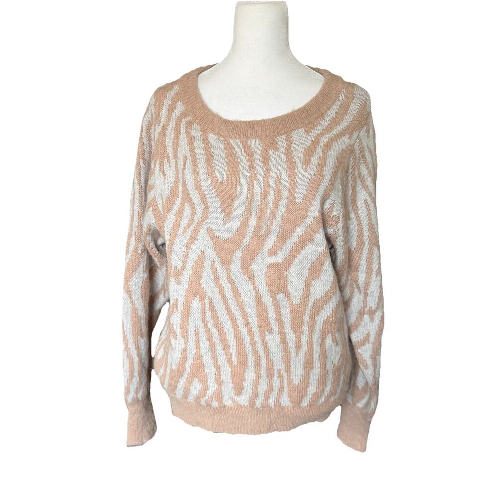 Rebecca Taylor Womens Small Sweater Merino Wool Alpaca Tan Print Pullover Fuzzy